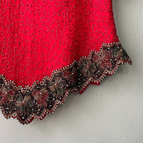 Laurence Kazar Size L XL Red Black Silk Bow Beaded Top Maximalist Dopamine - Picture 4 of 9